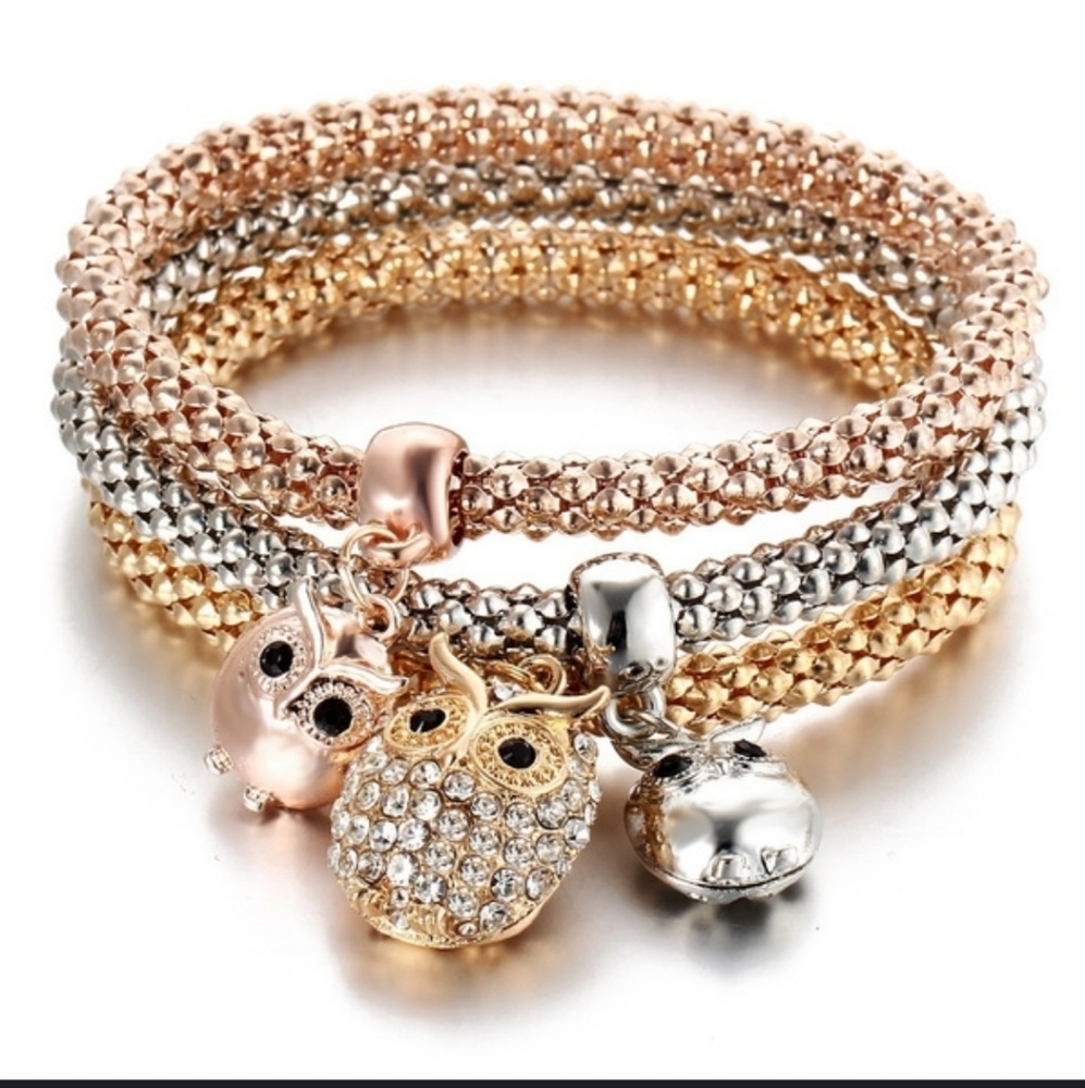 3pc Owl Charms Stretch Bracelets Dangle Gold-tone Silver-tone Rose Gold Upto 9" - Picture 4 of 8